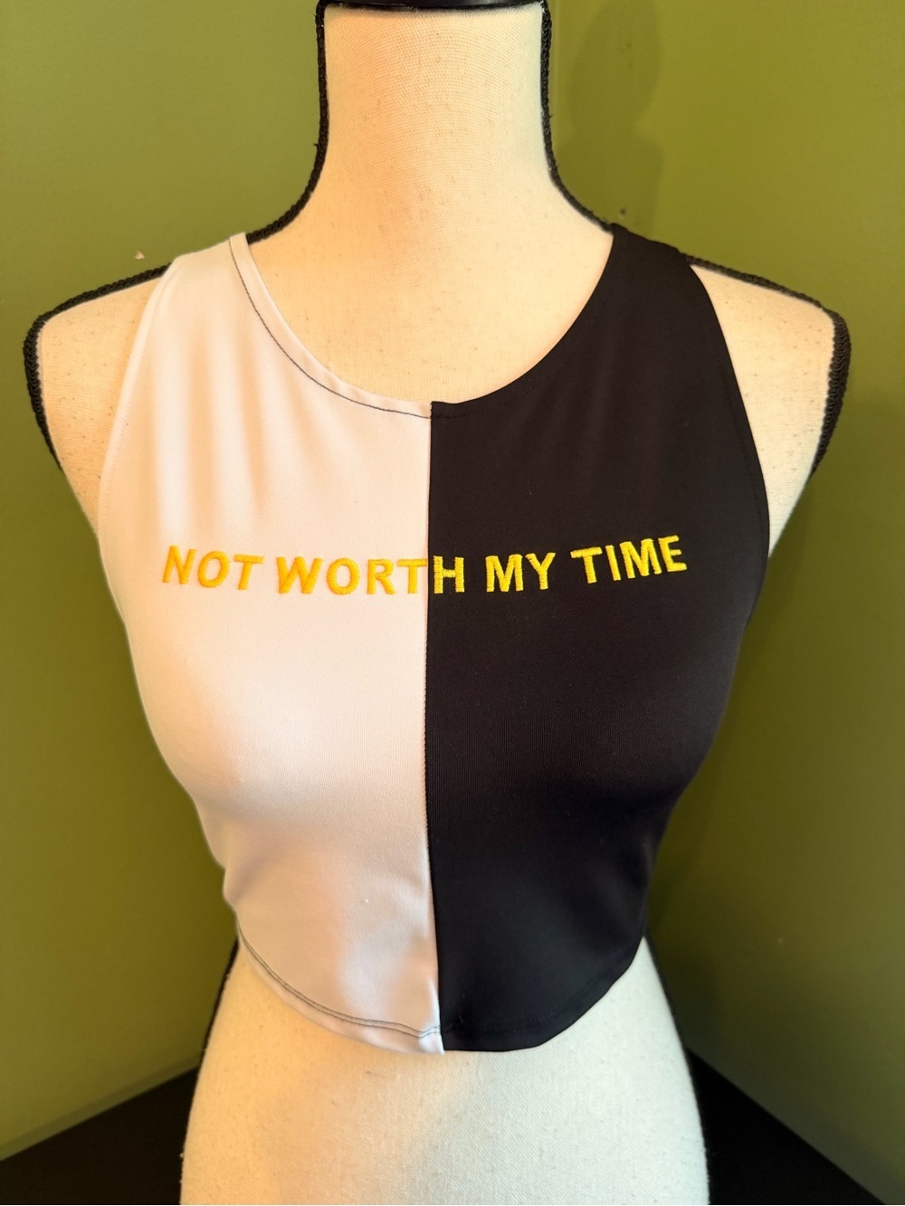 Zara Black & White Colorblock Cropped Tank with Yellow Embroidery